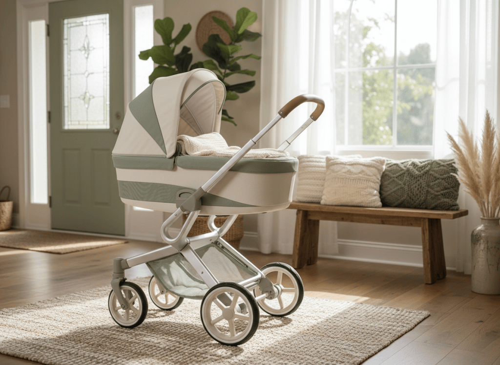 Modern 2-in-1 bassinet stroller in a warm home entryway.