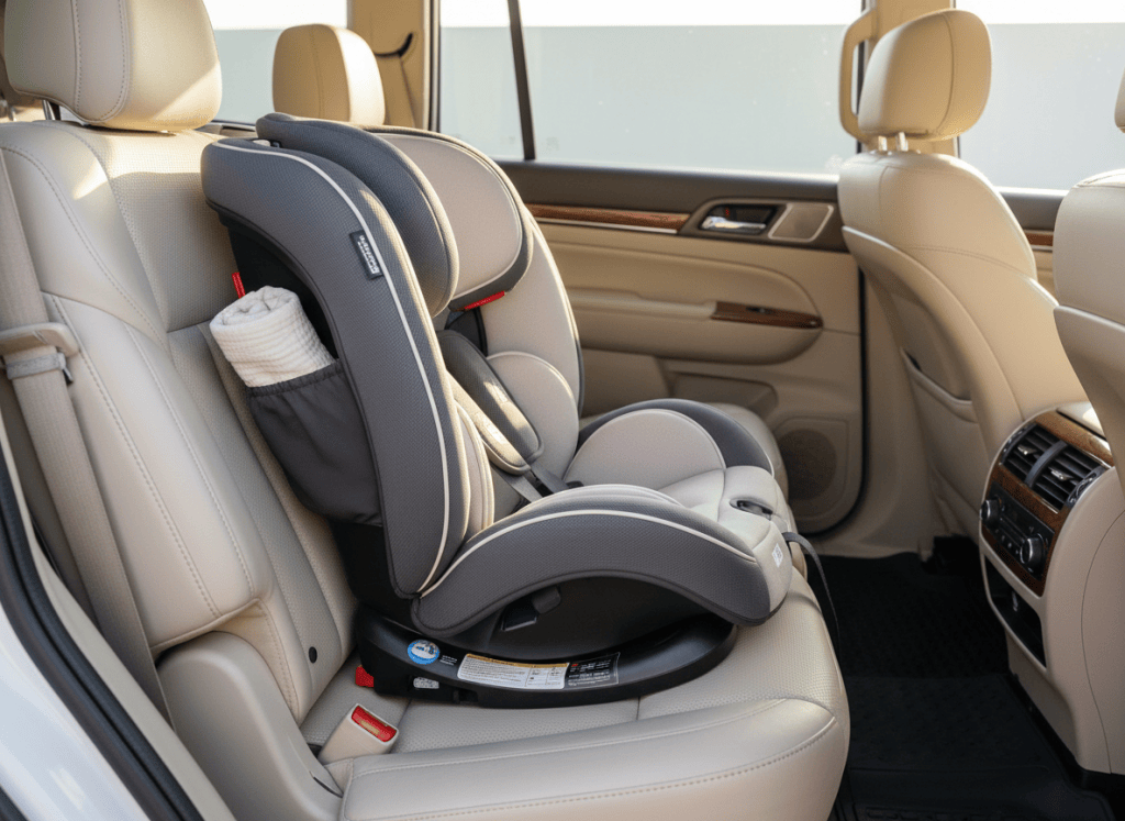 All-in-one child car seat installed in the back seat of a clean family vehicle.