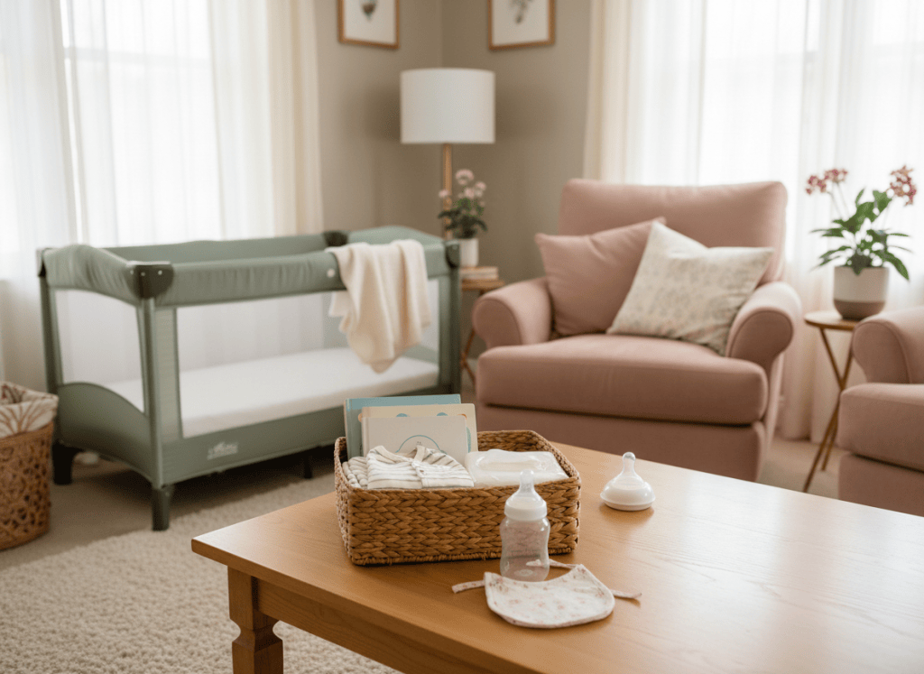 Grandma's house prepared for a baby visit with diapers, feeding supplies, books, pajamas, and a portable crib.