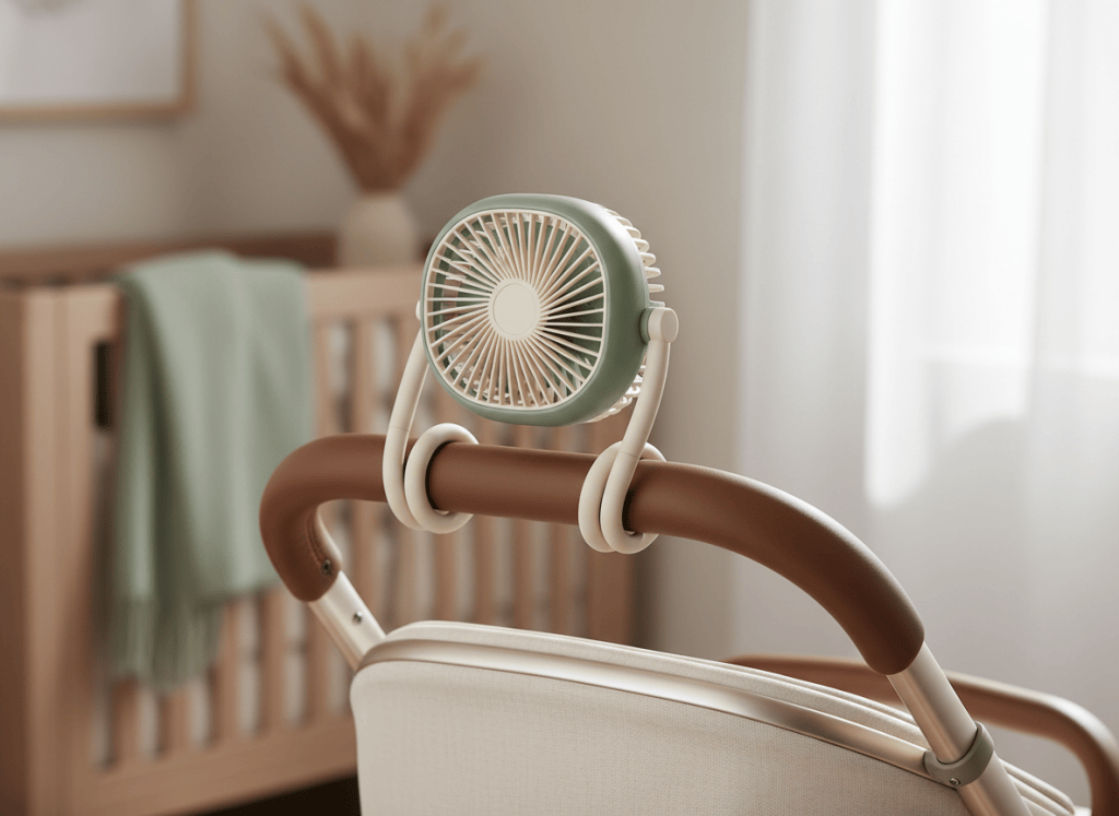 Rechargeable stroller fan with flexible tripod legs attached securely to a stroller.