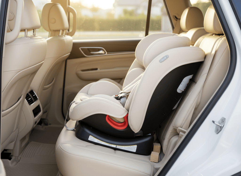 Rotating convertible child car seat installed in the back seat of a clean family vehicle.