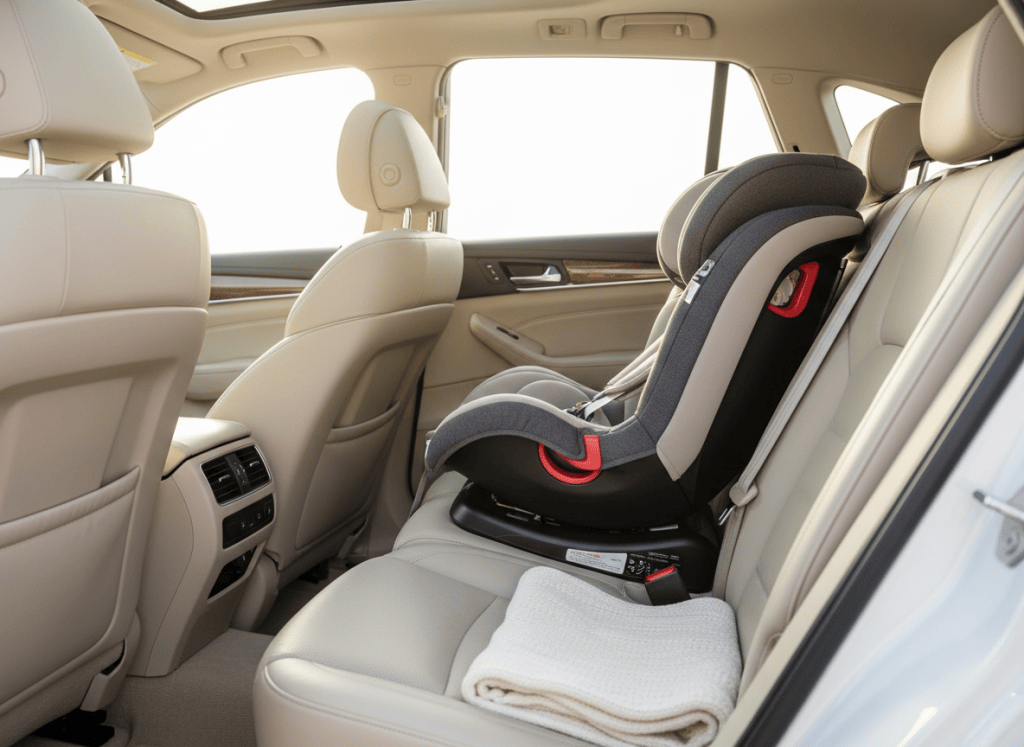 Slim convertible child car seat installed in the back seat of a clean family vehicle.