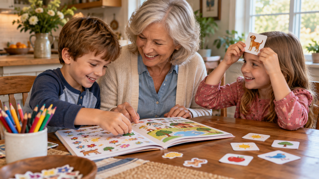 Grandmother and two grandchildren enjoying sticker activities and a guessing game at a kitchen table.